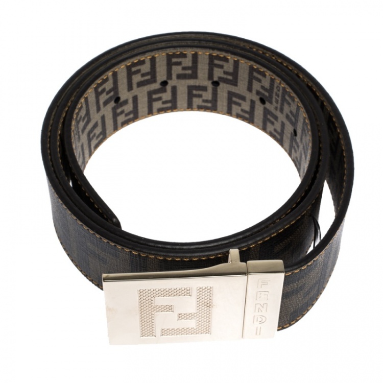Pre Owned Fendi Tobacco Zucca Coated Canvas Reversible Plaque Buckle Belt 95CM