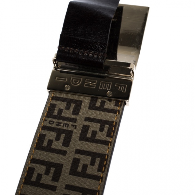 Pre Owned Fendi Tobacco Zucca Coated Canvas Reversible Plaque Buckle Belt 95CM