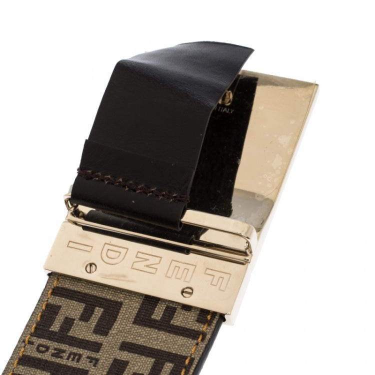Pre Owned Fendi Tobacco Zucca Coated Canvas Reversible Plaque Buckle Belt 95CM