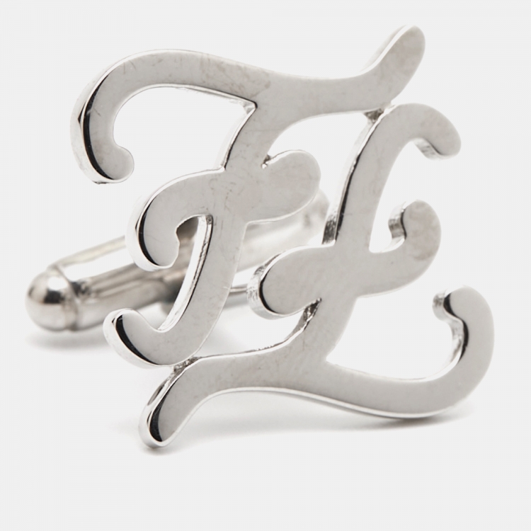 Pre Owned Fendi Karligraphy FF Silver Tone Cufflinks