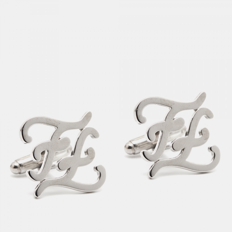 Pre Owned Fendi Karligraphy FF Silver Tone Cufflinks