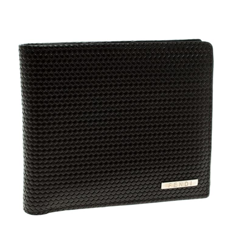 Pre Owned Fendi Dark Brown Woven Embossed Leather Bi Fold Wallet