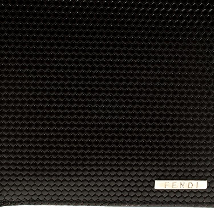 Pre Owned Fendi Dark Brown Woven Embossed Leather Bi Fold Wallet