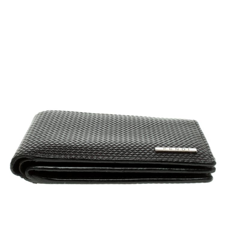 Pre Owned Fendi Dark Brown Woven Embossed Leather Bi Fold Wallet