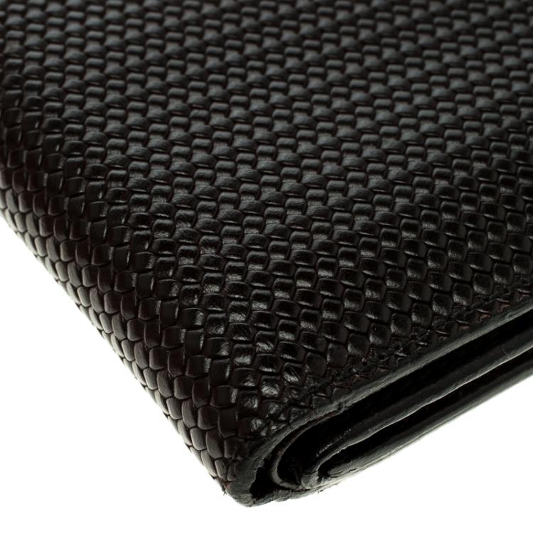 Pre Owned Fendi Dark Brown Woven Embossed Leather Bi Fold Wallet