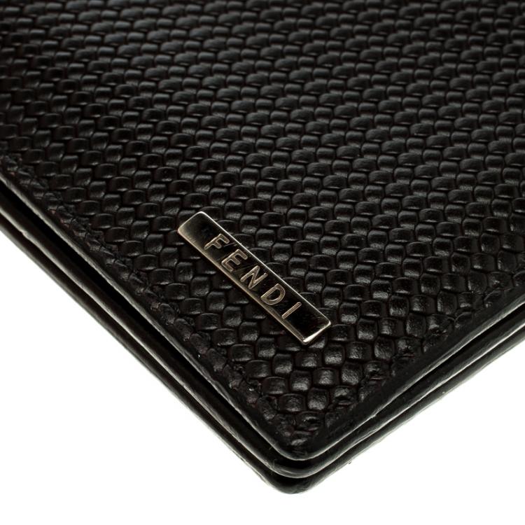 Pre Owned Fendi Dark Brown Woven Embossed Leather Bi Fold Wallet