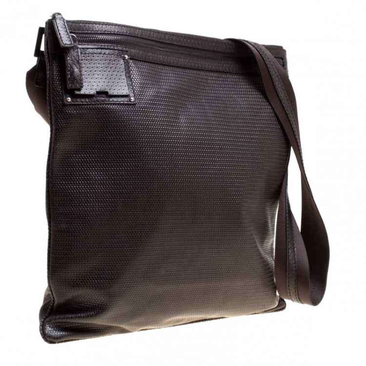 Pre Owned Fendi Dark Brown Woven Embossed Leather Flat Messenger Bag