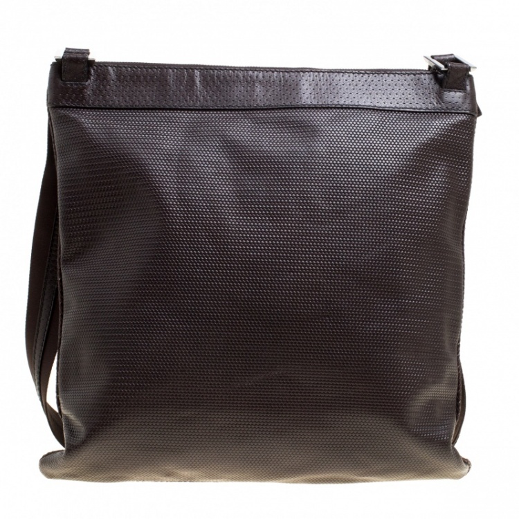Pre Owned Fendi Dark Brown Woven Embossed Leather Flat Messenger Bag