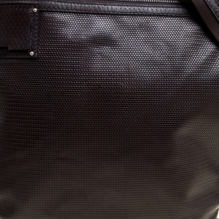 Pre Owned Fendi Dark Brown Woven Embossed Leather Flat Messenger Bag