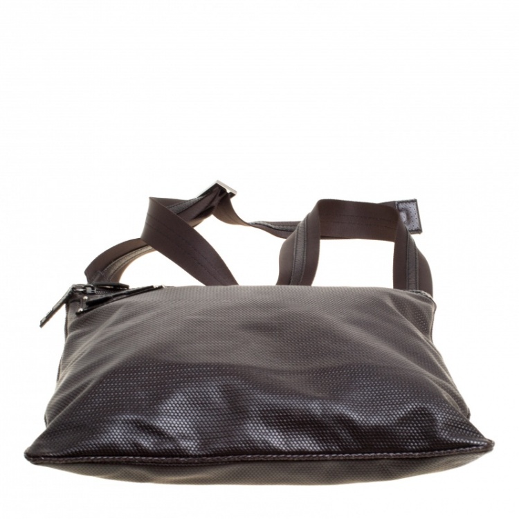Pre Owned Fendi Dark Brown Woven Embossed Leather Flat Messenger Bag