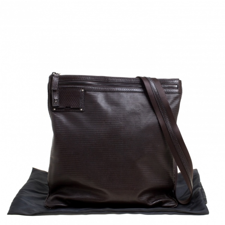 Pre Owned Fendi Dark Brown Woven Embossed Leather Flat Messenger Bag