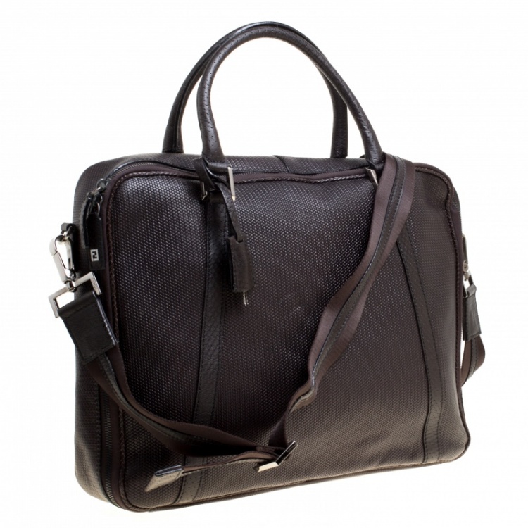 Pre Owned Fendi Dark Brown Woven Embossed Leather Laptop Bag
