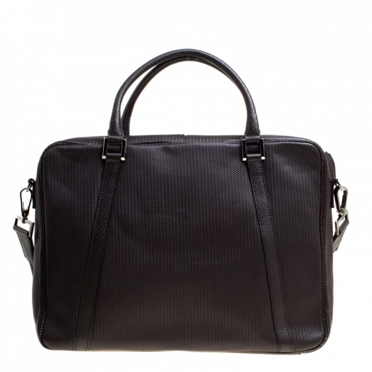 Pre Owned Fendi Dark Brown Woven Embossed Leather Laptop Bag