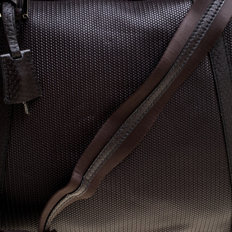 Pre Owned Fendi Dark Brown Woven Embossed Leather Laptop Bag