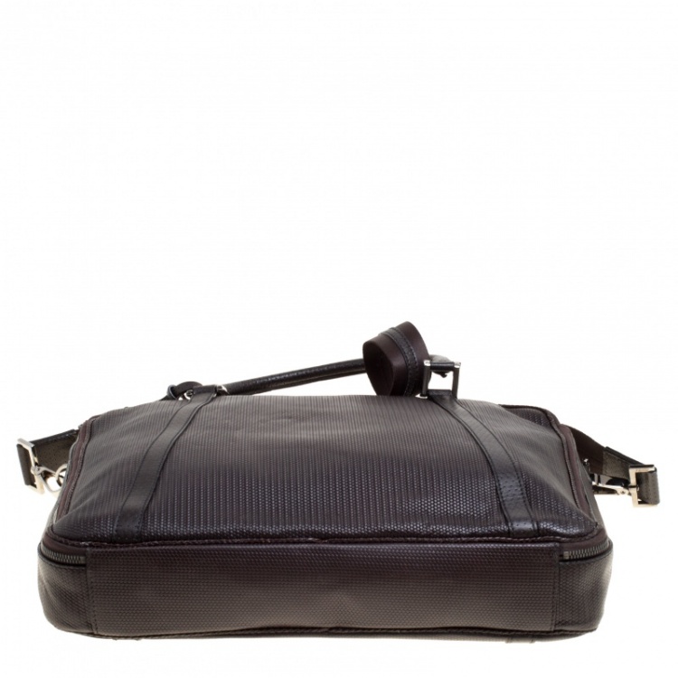 Pre Owned Fendi Dark Brown Woven Embossed Leather Laptop Bag