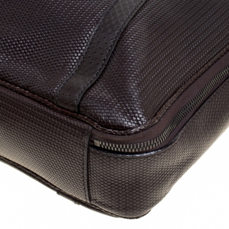 Pre Owned Fendi Dark Brown Woven Embossed Leather Laptop Bag