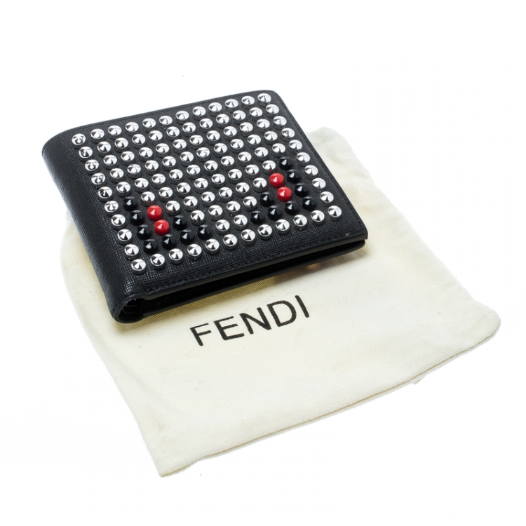 Pre Owned Fendi Black Leather Monster Studs Bi Fold Wallet