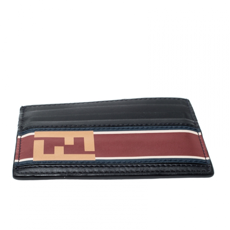 Pre Owned Fendi Black Leather FF Logo Red Stripe Card Case