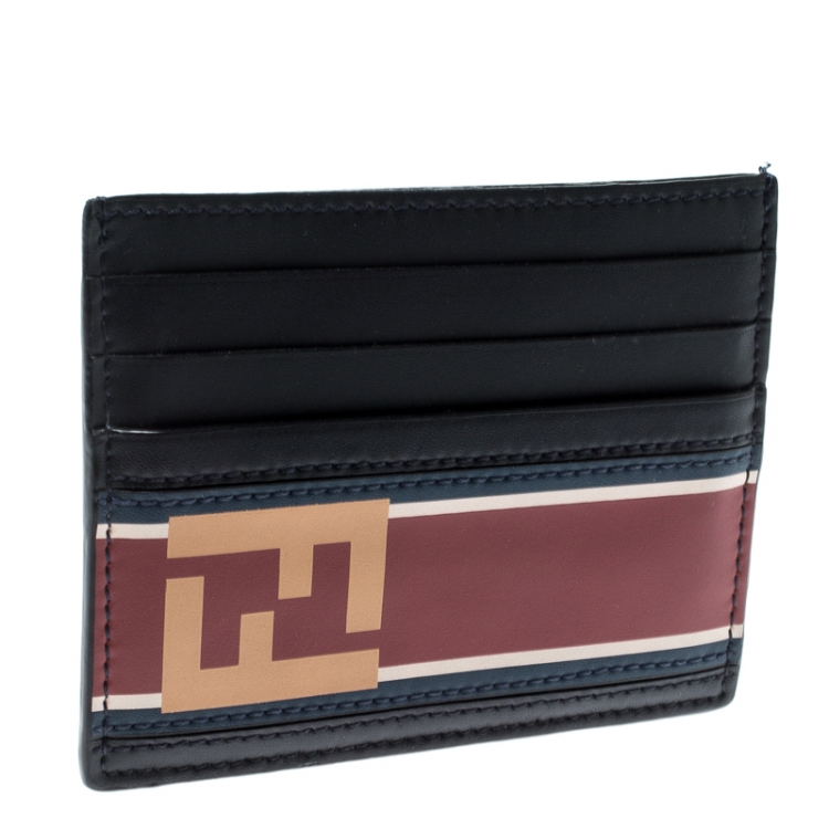 Pre Owned Fendi Black Leather FF Logo Red Stripe Card Case