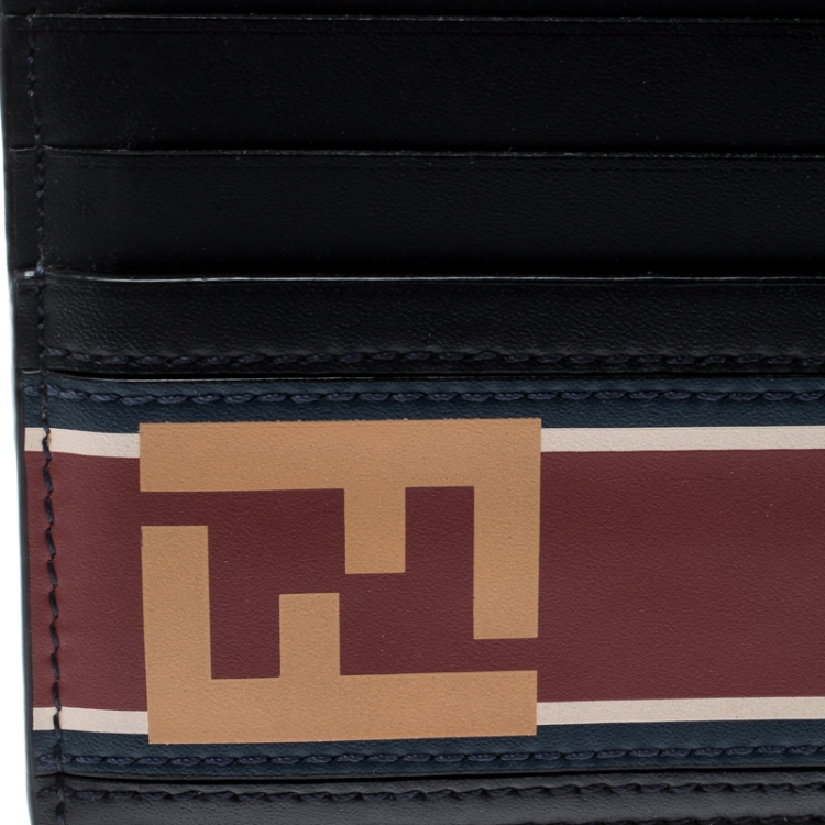 Pre Owned Fendi Black Leather FF Logo Red Stripe Card Case