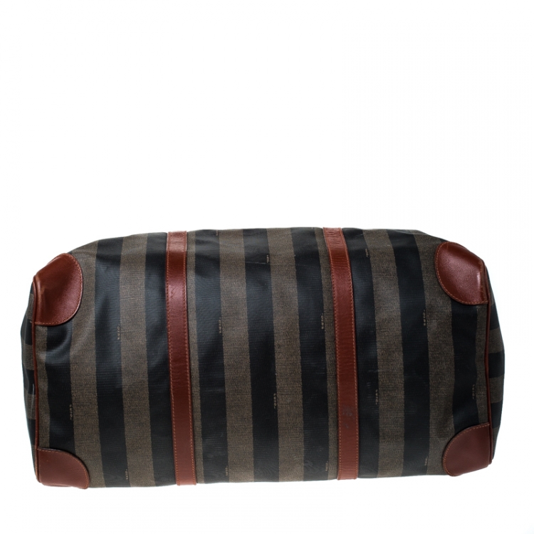 Pre Owned  Fendi Brown/Black Pequin Stripe Coated Canvas and Leather Boston Duffle Bag