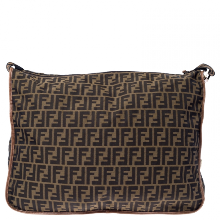 Pre Owned Fendi Brown Zucca Canvas Zip Messenger Bag