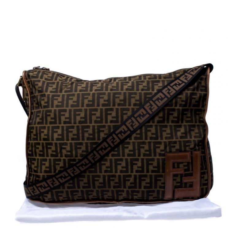 Pre Owned Fendi Brown Zucca Canvas Zip Messenger Bag