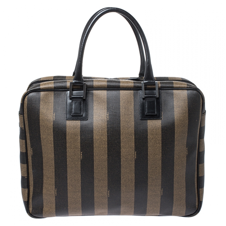 Pre Owned Fendi Khaki/Black Pequin Stripe Coated Canvas Briefcase