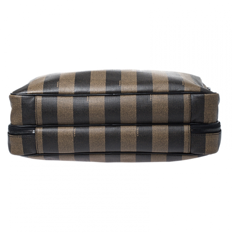 Pre Owned Fendi Khaki/Black Pequin Stripe Coated Canvas Briefcase