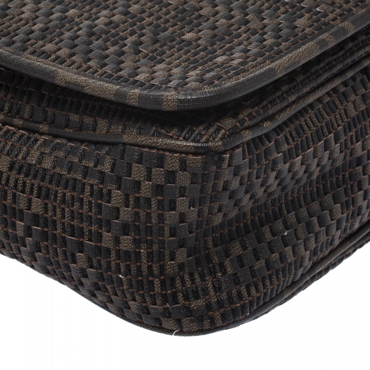 Pre Owned Fendi Tobacco Zucca  Woven Coated Canvas Messenger Bag