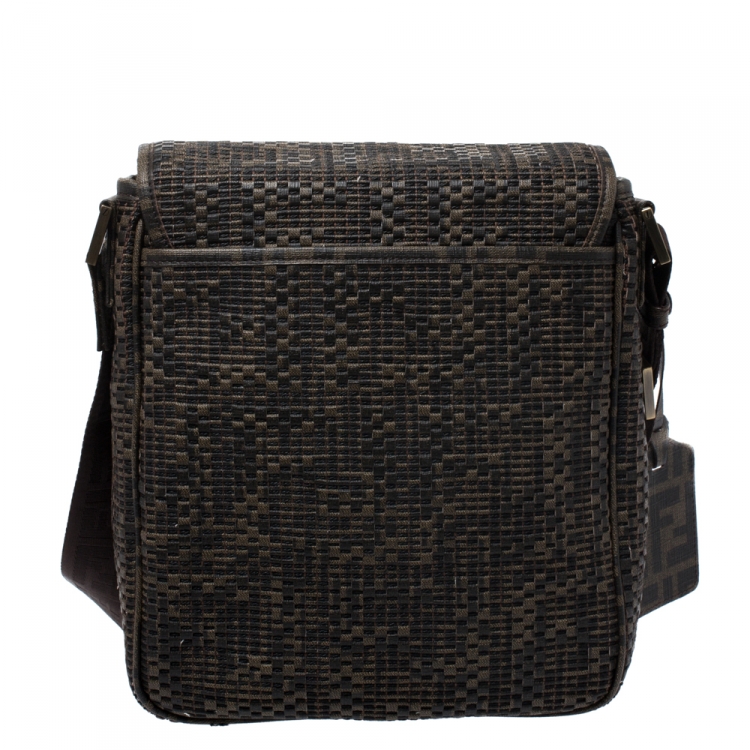 Pre Owned Fendi Tobacco Zucca  Woven Coated Canvas Messenger Bag