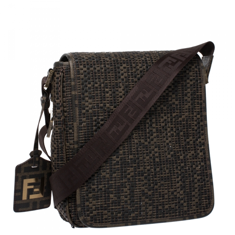 Pre Owned Fendi Tobacco Zucca  Woven Coated Canvas Messenger Bag