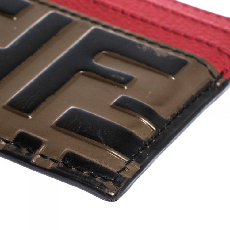Pre Owned Fendi Red/Brown Zucca Print Leather Card Holder