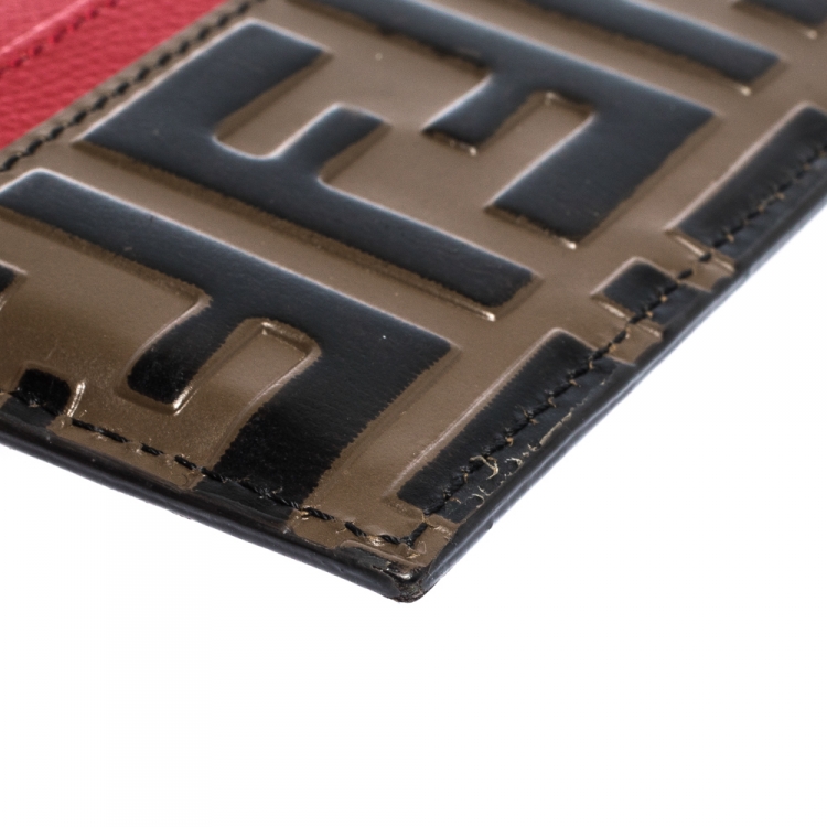 Pre Owned Fendi Red/Brown Zucca Print Leather Card Holder