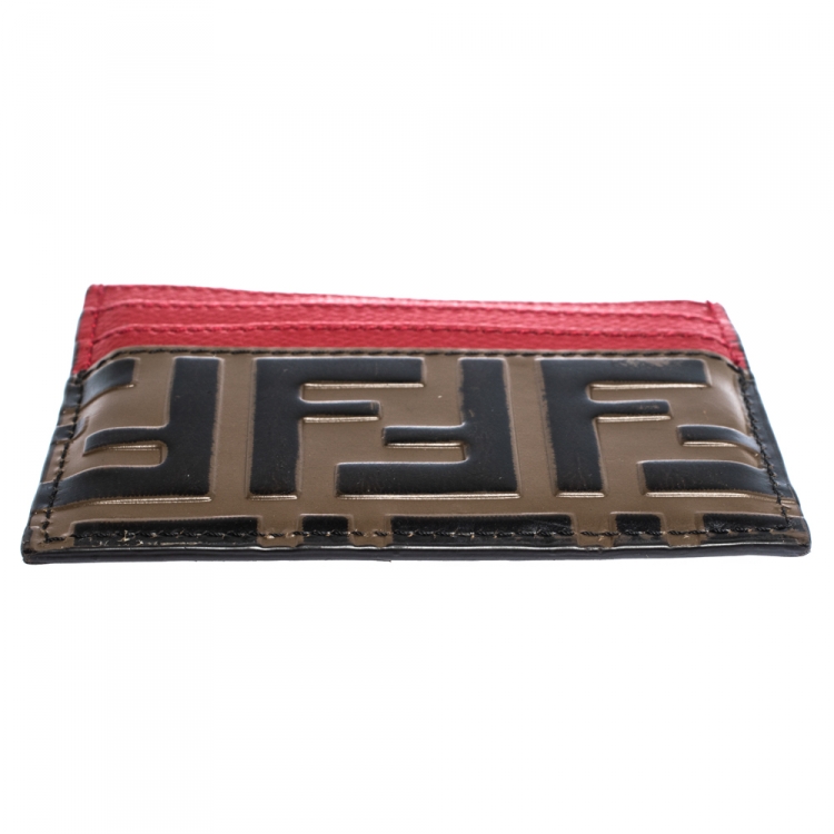 Pre Owned Fendi Red/Brown Zucca Print Leather Card Holder