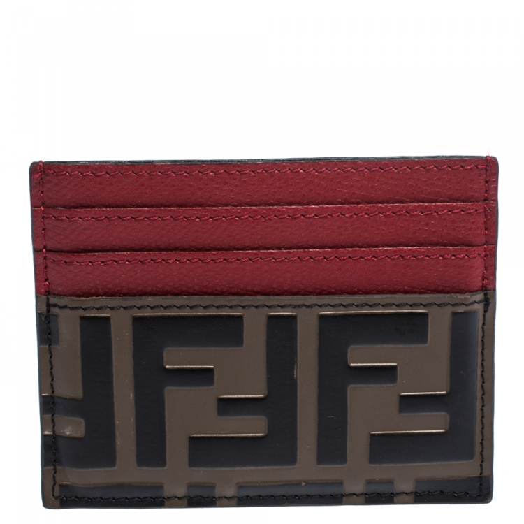 Pre Owned Fendi Red/Brown Zucca Print Leather Card Holder
