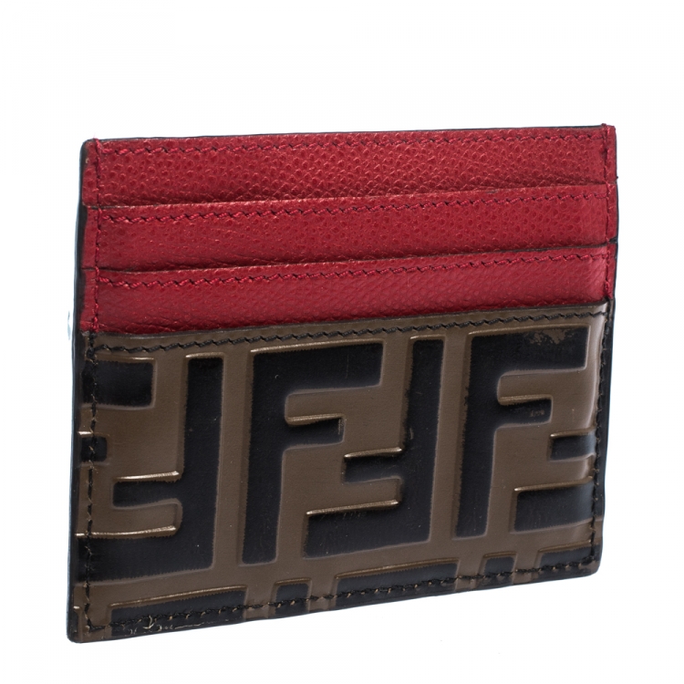 Pre Owned Fendi Red/Brown Zucca Print Leather Card Holder