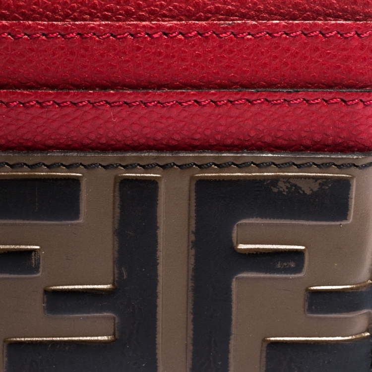 Pre Owned Fendi Red/Brown Zucca Print Leather Card Holder