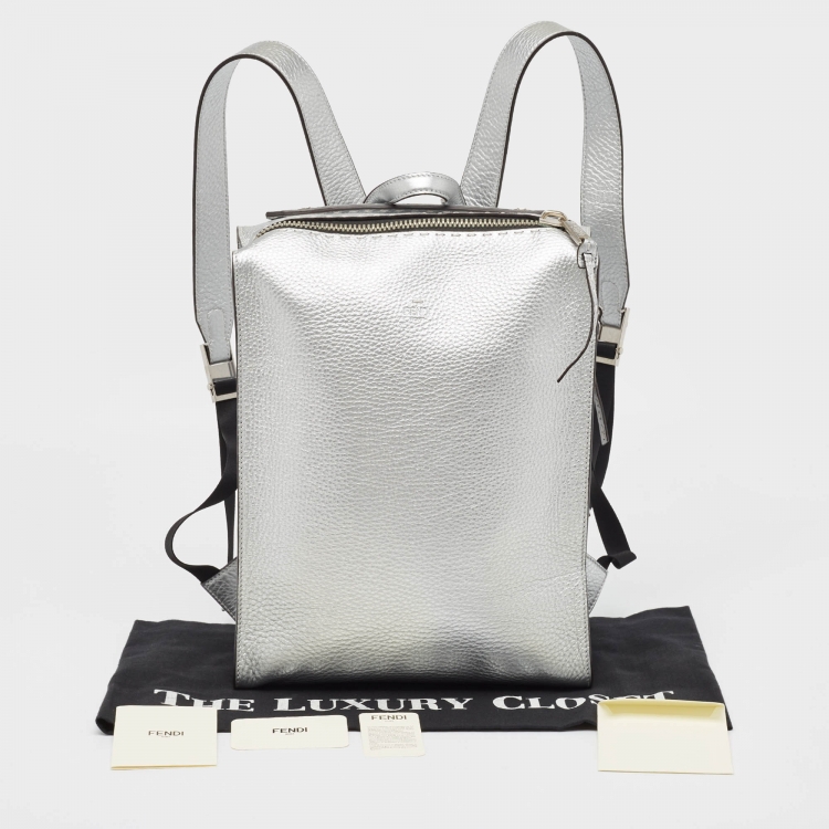 Pre Owned Fendi Silver Selleria Leather Slim Backpack