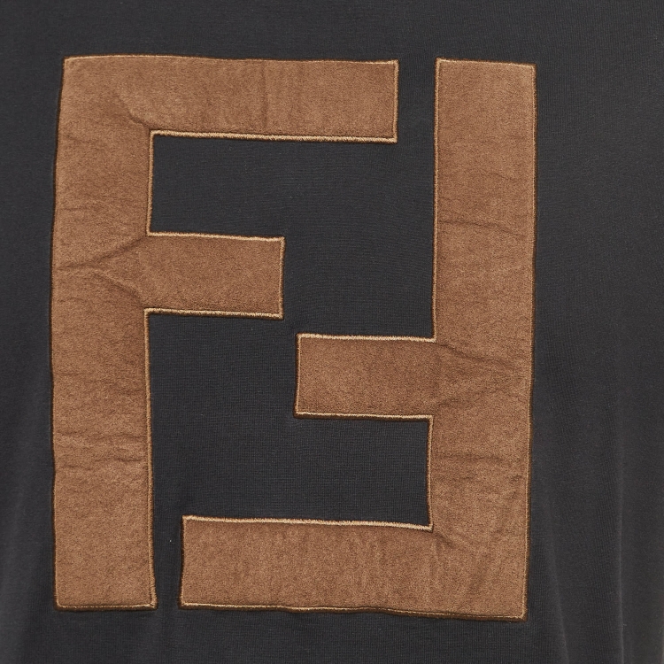 Pre Owned Fendi Black Zucca Applique Cotton T-Shirt L