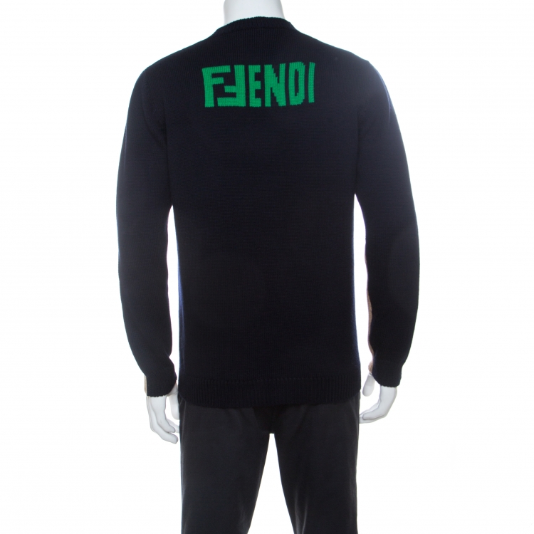 Pre Owned Fendi Tricolor Logo-Intarsia Virgin Wool Sweater L