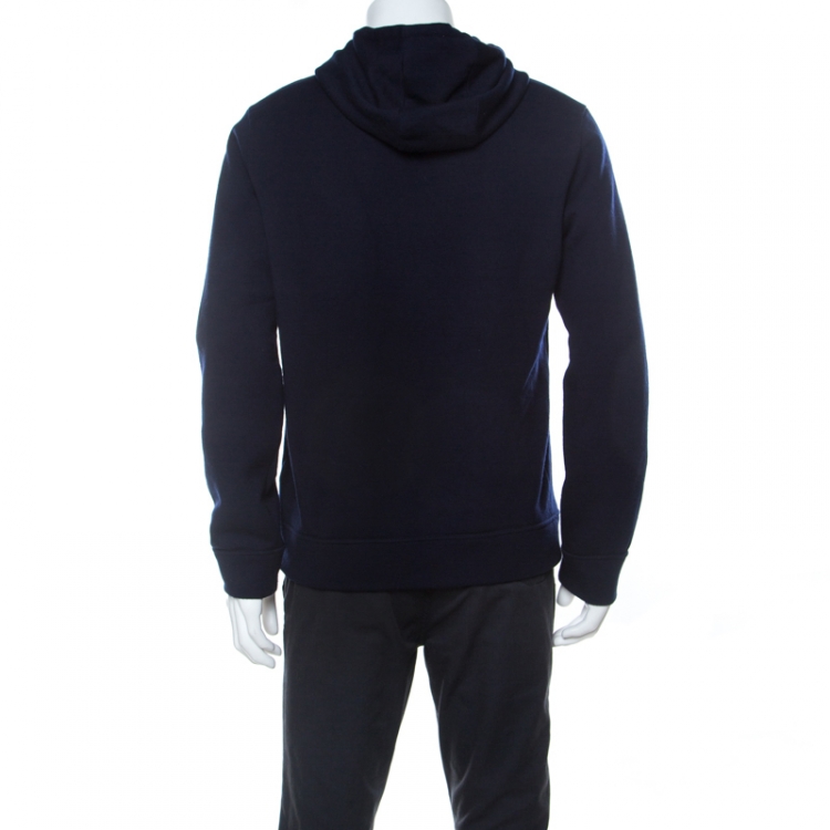 Pre Owned Fendi Navy Blue Wool Shearling Velcro Logo Hoodie L