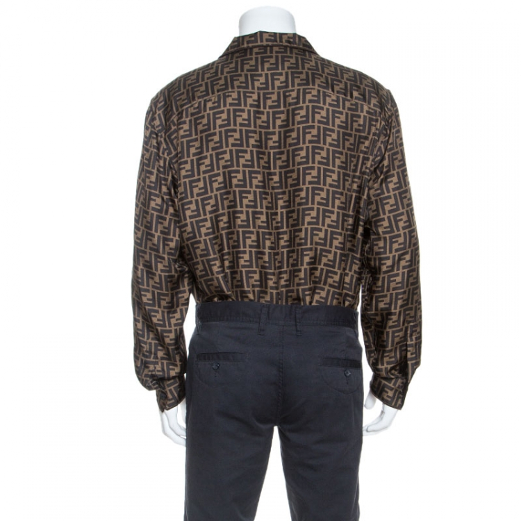 Pre Owned Fendi Brown FF Logo Printed Silk Long Sleeve Shirt XXL
