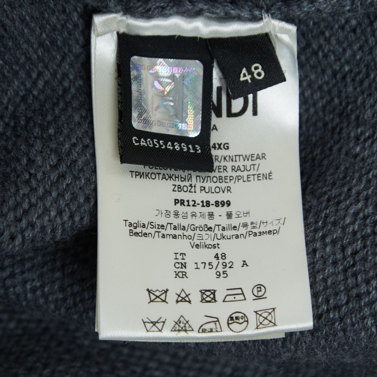 Pre Owned Fendi Grey Logo Jacquard Wool Knit Pullover M