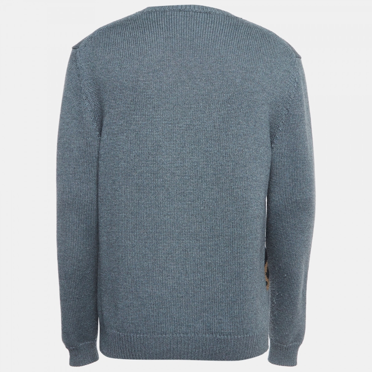 Pre Owned Fendi Grey Logo Jacquard Wool Knit Pullover M