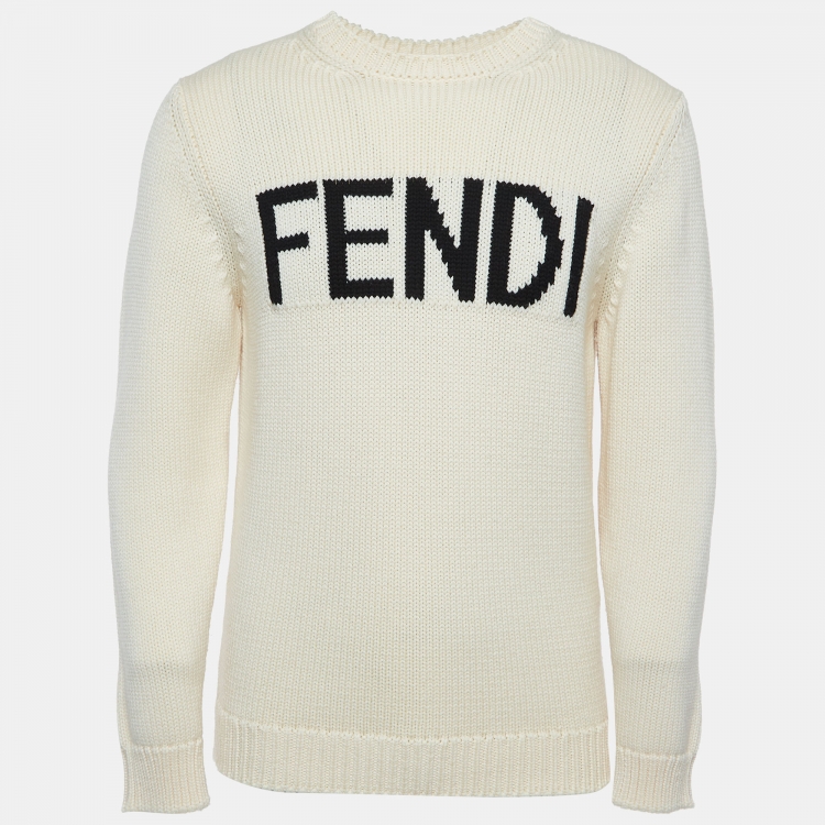 Pre Owned Fendi Cream Logo Jacquard Wool Knit Pullover M