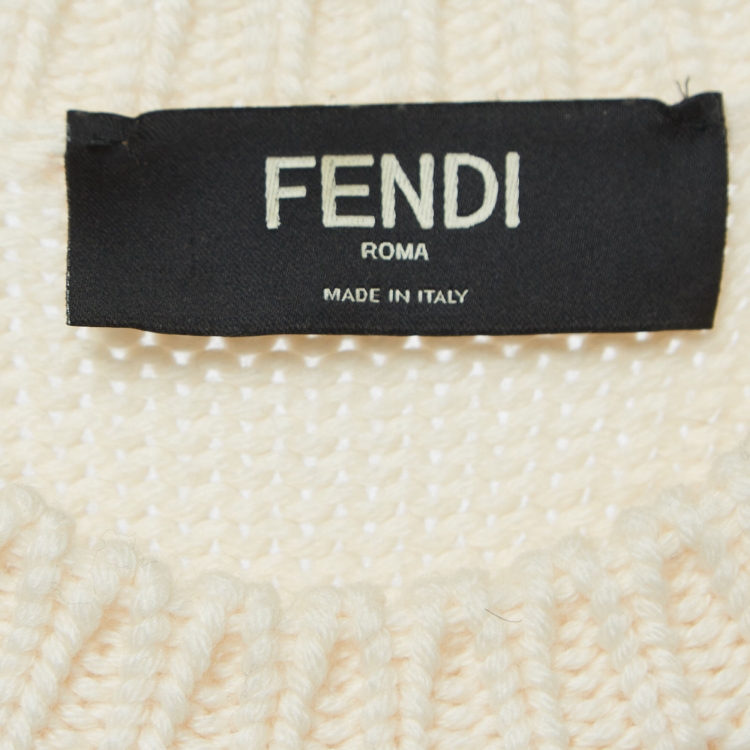 Pre Owned Fendi Cream Logo Jacquard Wool Knit Pullover M
