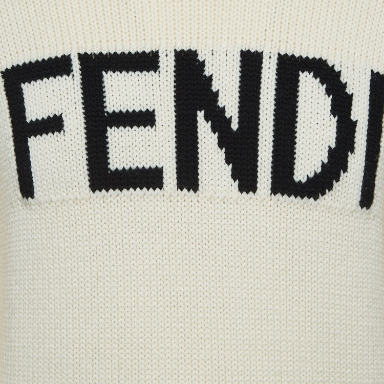 Pre Owned Fendi Cream Logo Jacquard Wool Knit Pullover M