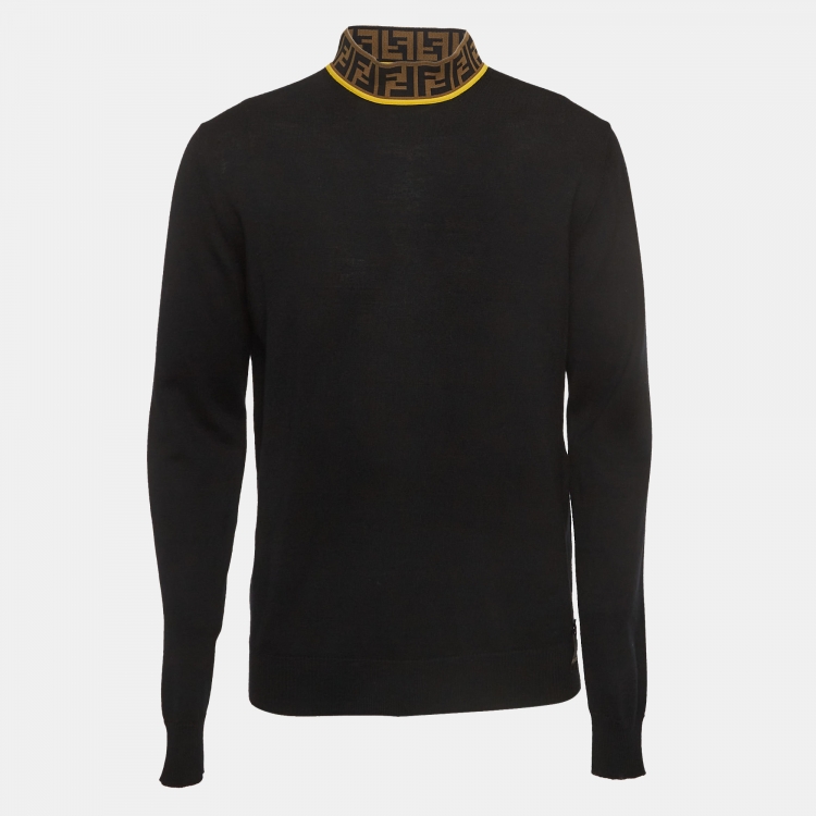 Pre Owned Fendi Black Logo Motif Wool Turtle Neck Pullover S