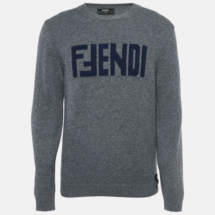 مملوكة مسبقًا Fendi Grey Logo Intarsia Cashmere Knit Sweater M